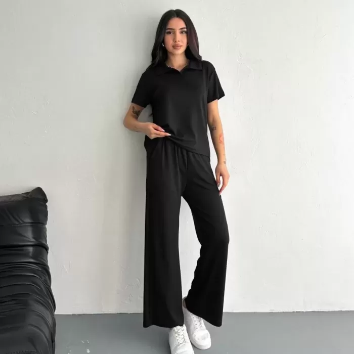 Osy Modal Yumuşak Dokulu Kumaş Kısa Kollu Yakalı T-shirt Pantalon ikili Takım- Siyah