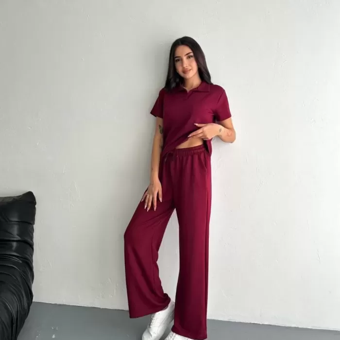 Osy Modal Yumuşak Dokulu Kumaş Kısa Kollu Yakalı T-shirt Pantalon ikili Takım- Bordo