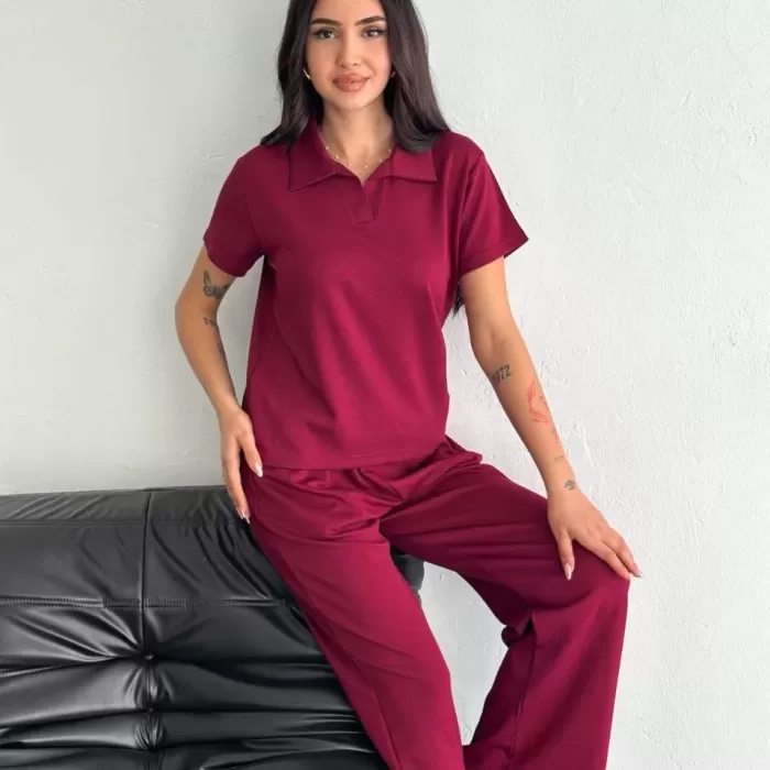 Osy Modal Yumuşak Dokulu Kumaş Kısa Kollu Yakalı T-shirt Pantalon ikili Takım- Bordo