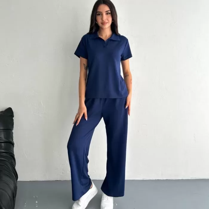 Osy Modal Yumuşak Dokulu Kumaş Kısa Kollu Yakalı T-shirt Pantalon ikili Takım- Lacivert