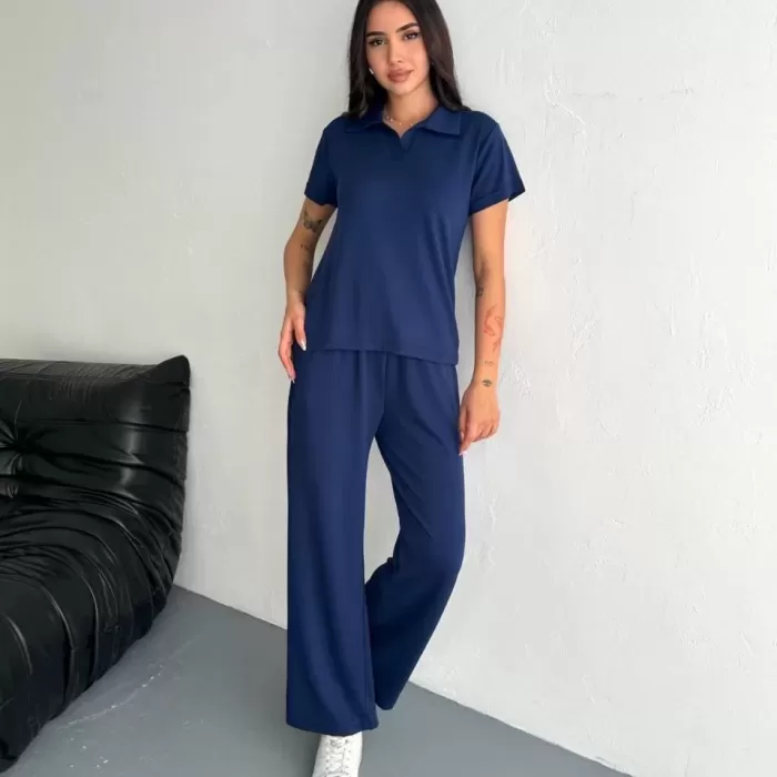 Osy Modal Yumuşak Dokulu Kumaş Kısa Kollu Yakalı T-shirt Pantalon ikili Takım- Lacivert