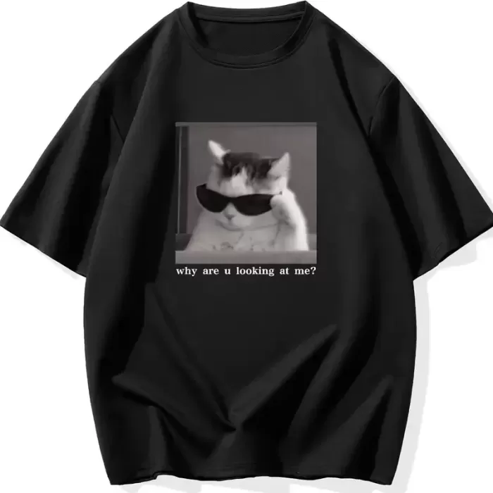 Neden Bana Bakıyorsun? Komik Kedi Grafik Tişört - Dijital Baskılı Siyah Bol Kesim Streetwear Tişört, Erkekler için Dört Mevsim Günlük Gömlek - Siyah