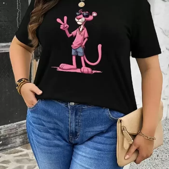 Pembe Panter Baskılı Oversize Bisiklet Yaka T-shirt - Beyaz