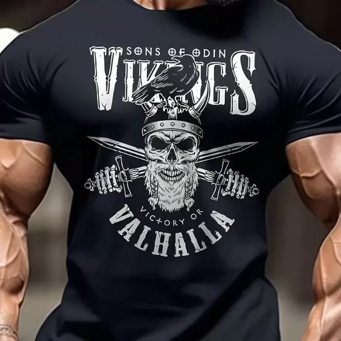 Vikings Valhalla Baskılı Oversize Bisiklet Yaka T-shirt - Siyah