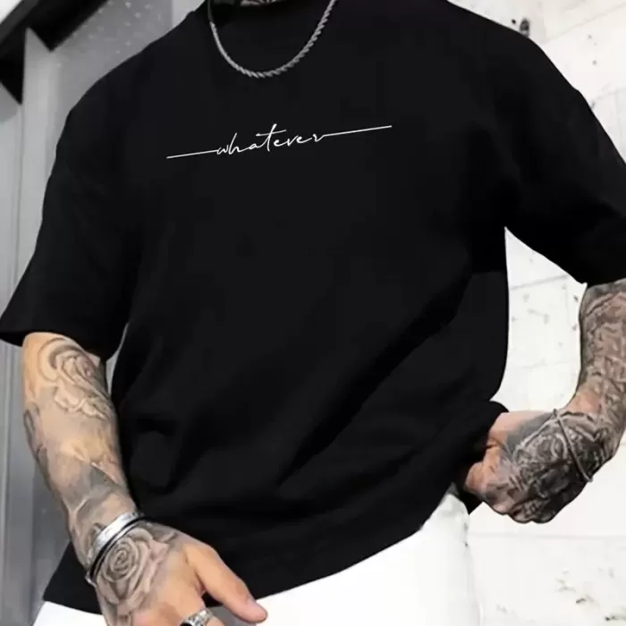 Büyük Beden Erkek Whatever Baskılı Tişört, Oversize Erkekler İçin Yaz Modası Kısa Kollu Tişörtler - Siyah