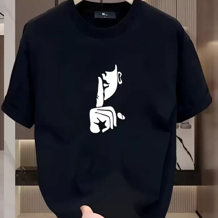 Rahat Bisiklet Yaka Tişört, Yaratıcı Karikatür Baskı - Yumuşak Polyester, Her Mevsim Giyilebilir- Siyah