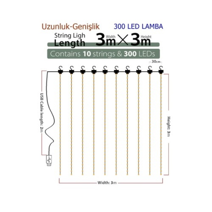 8 Fonksiyonlu Peri Perde Led Uzaktan Kumandalı Günışığı Perde Peri Led (3 Mt X 3 Mt)