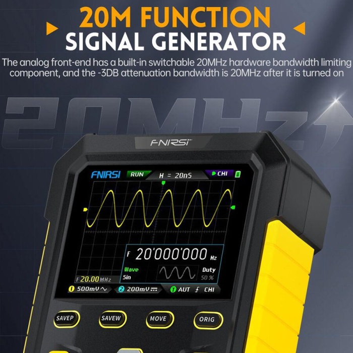 FNIRSI DPOX180H 2x180mhz - 3DB 50000wfms/s Dijital Osiloskop + 20mhz Sinyal Jeneratörü - Sarı