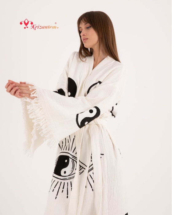 Bornoz ,Plaj Kıyafeti,Kimono , Kaftan ,Sabahlık  Ying Yang Göz Desen Baskılı