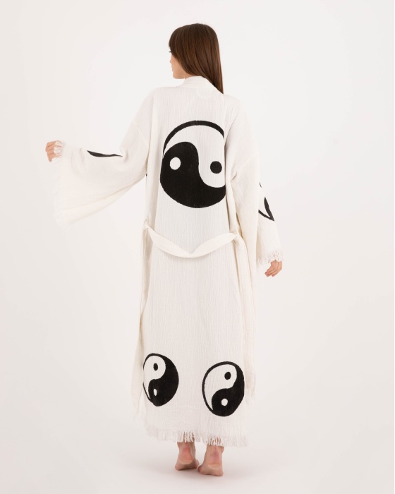 Bornoz ,Plaj Kıyafeti,Kimono , Kaftan ,Sabahlık  Ying Yang Desen Baskılı