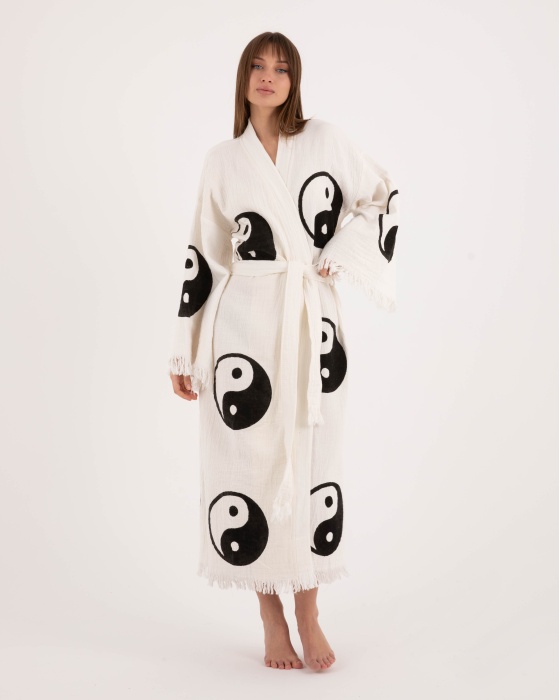 Bornoz ,Plaj Kıyafeti,Kimono , Kaftan ,Sabahlık  Ying Yang Desen Baskılı