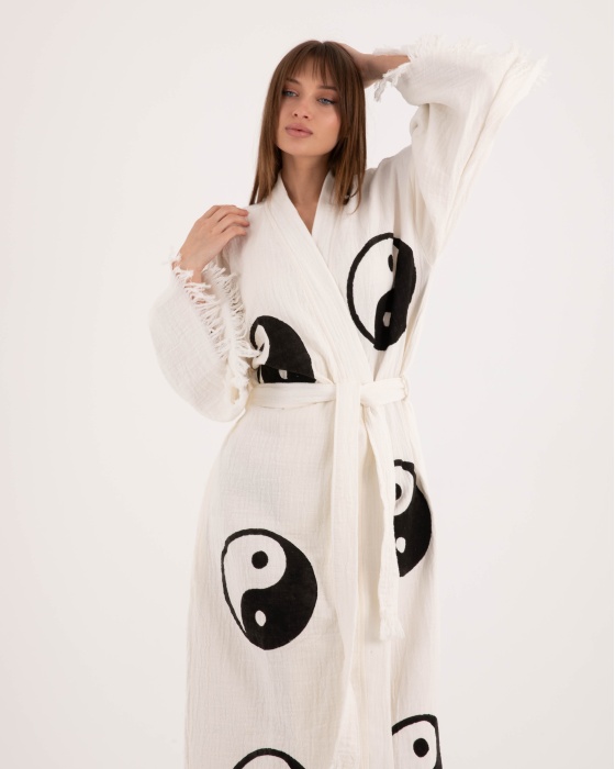 Bornoz ,Plaj Kıyafeti,Kimono , Kaftan ,Sabahlık  Ying Yang Desen Baskılı