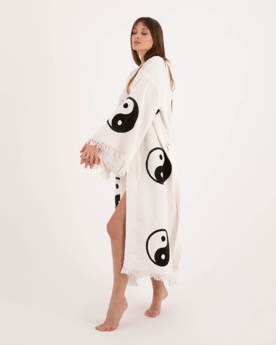 Bornoz ,Plaj Kıyafeti,Kimono , Kaftan ,Sabahlık  Ying Yang Desen Baskılı