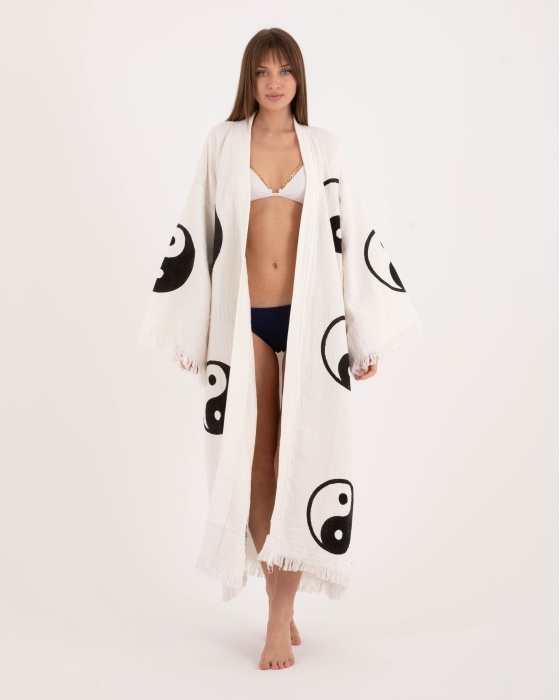 Bornoz ,Plaj Kıyafeti,Kimono , Kaftan ,Sabahlık  Ying Yang Desen Baskılı