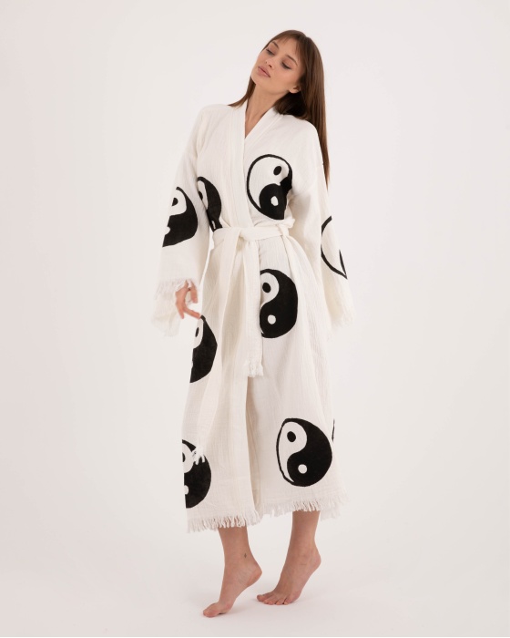 Bornoz ,Plaj Kıyafeti,Kimono , Kaftan ,Sabahlık  Ying Yang Desen Baskılı