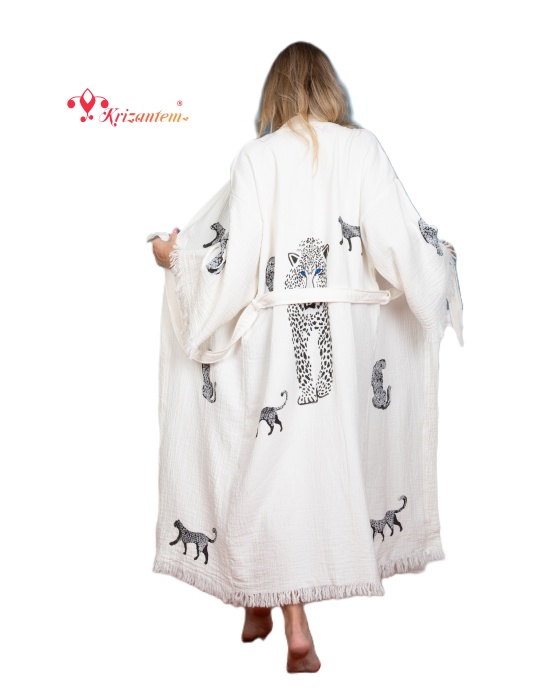 Bornoz ,Plaj Kıyafeti,Kimono , Kaftan ,Sabahlık  Siyah Leopar Desen Baskılı