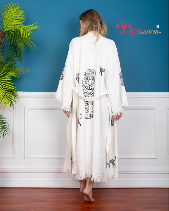 Bornoz ,Plaj Kıyafeti,Kimono , Kaftan ,Sabahlık  Siyah Leopar Desen Baskılı