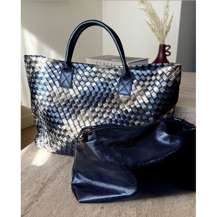 VEGA LUX TOTE DERİ AURA  İTHAL LACİVERT SİLVER   ÇANTA