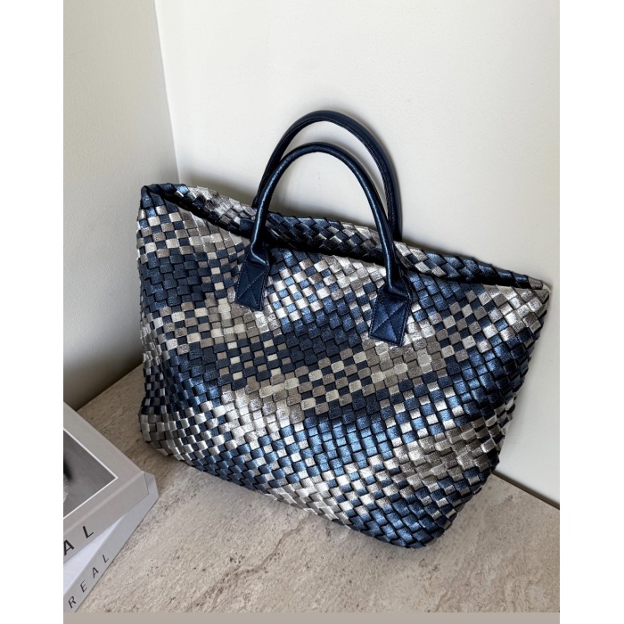 VEGA LUX TOTE DERİ AURA  İTHAL LACİVERT SİLVER   ÇANTA