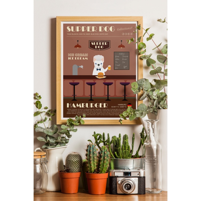 Aşçı French Bulldog, Güzel Mekanda, Hamburger Servis Ediyor, Çerçeveli Retro Poster