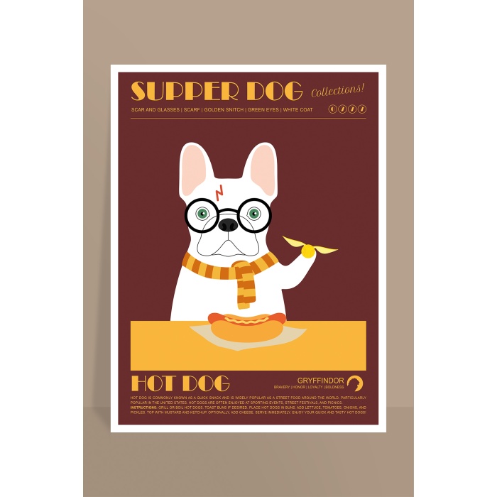 Büyücü ve Cadı Temalı French Bulldog, Hot Dog Yerken, Snitch Oynuyor, Çerçeveli Retro Poster