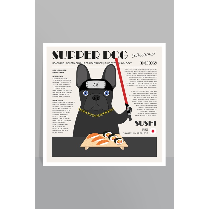 Bilim Kurgu ve Anime Hayranı French Bulldog, Sushi Hakkında Genel Bilgi ve Sushi Tarifi Veriyor, Çerçeveli Retro Poster