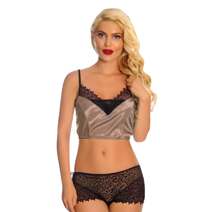 Vizon Saten Dantelli Babydoll Şortlu Takım - 289