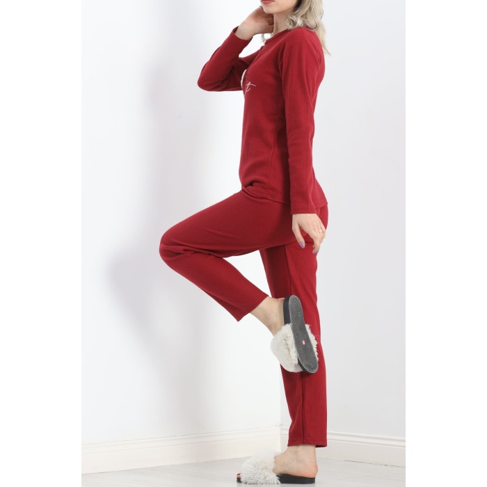 Nakışlı Fitilli Pijama Takımı Bordo - 19219.1048.