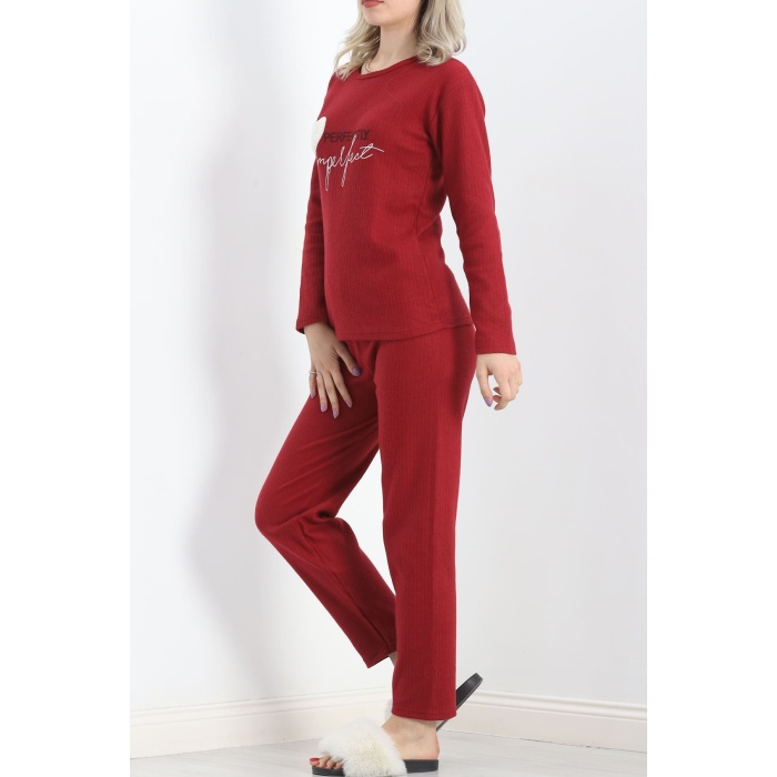 Nakışlı Fitilli Pijama Takımı Bordo - 19219.1048.