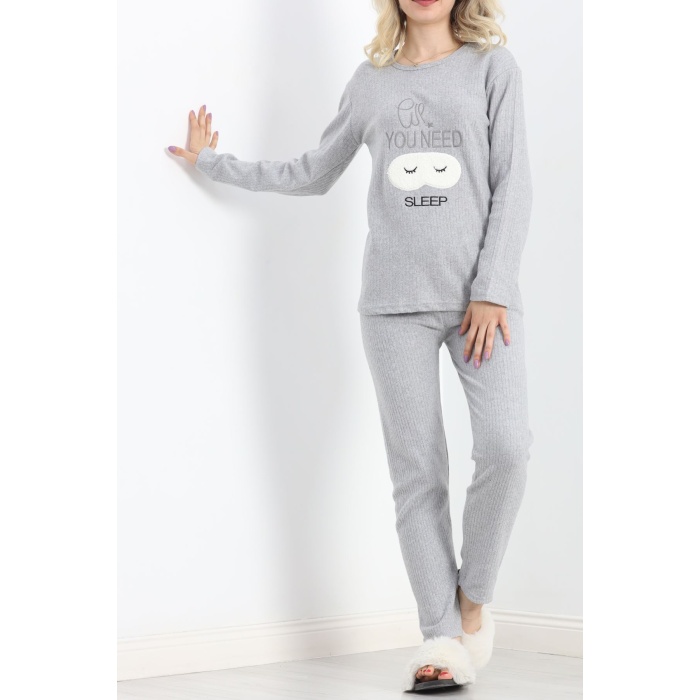 Nakışlı Fitilli Pijama Takımı Gri - 19217.1048.