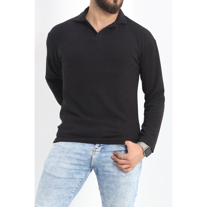 Polo Yaka Uzun Kol Erkek Sweatshirt Siyah - 20127.1874.