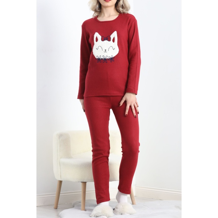 Nakışlı Fitilli Pijama Takımı Bordo1 - 19219.1048.