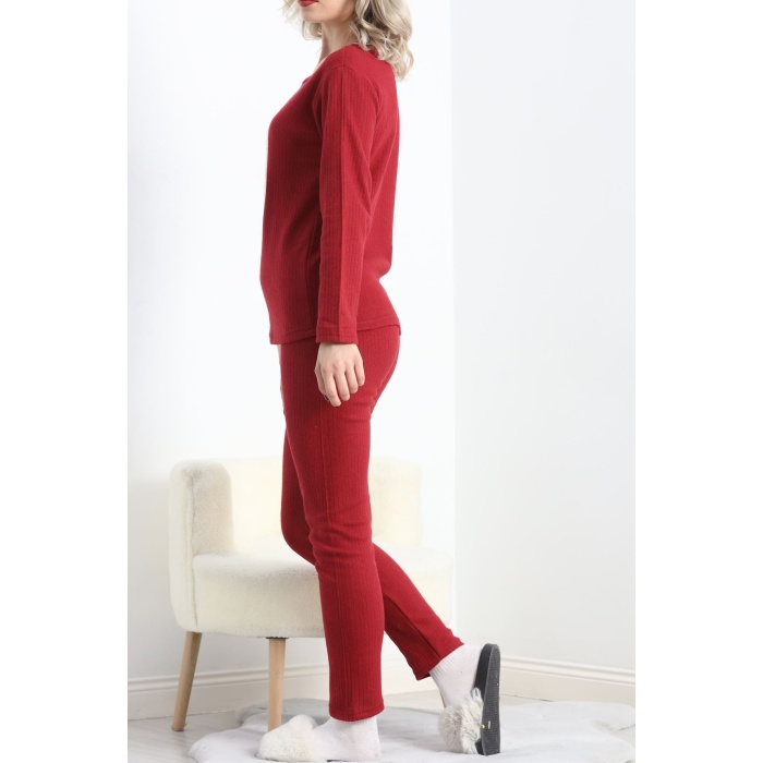 Nakışlı Fitilli Pijama Takımı Bordo1 - 19219.1048.