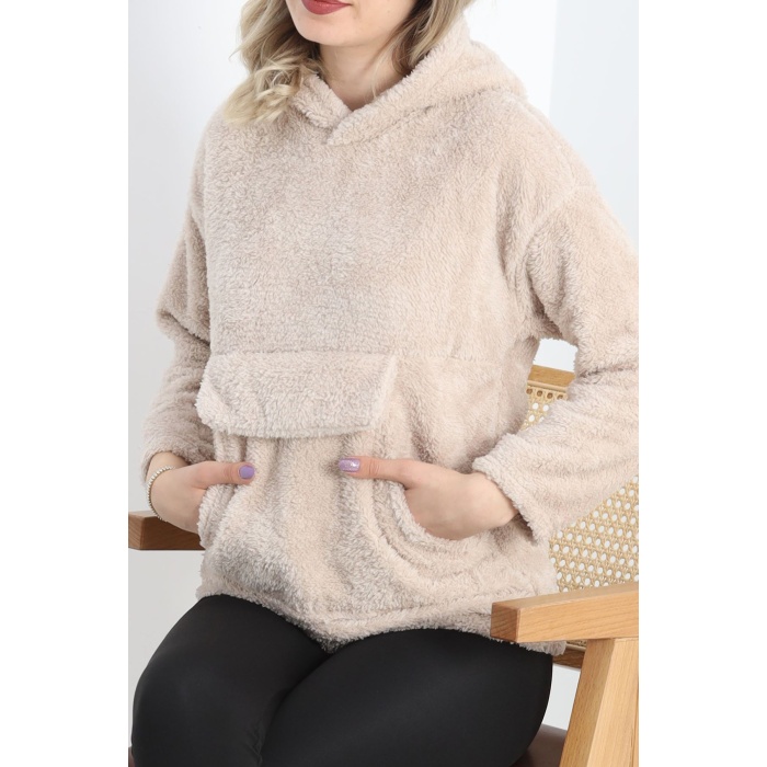 Kanguru Cep Kapşonlu Peluş Sweat Taş - 9062.1153.