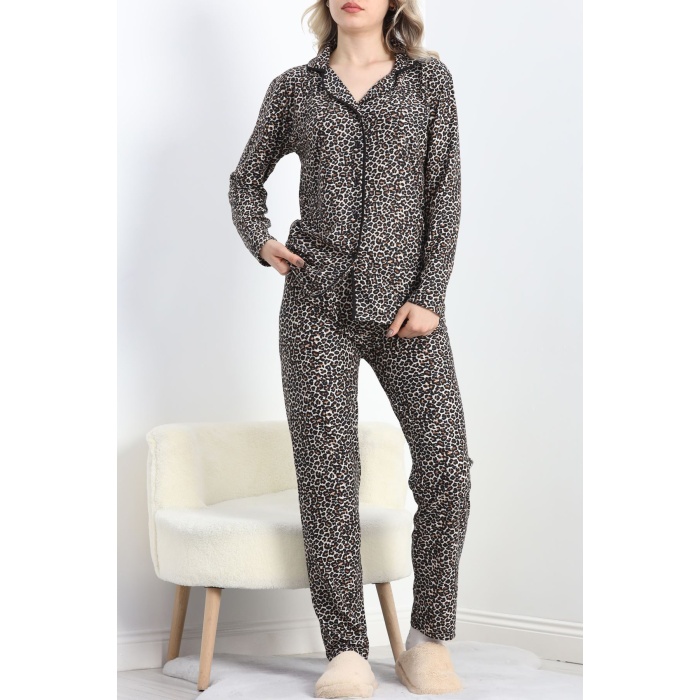 Düğmeli Süet Pijama Takımı Leopar - 6486.1902.