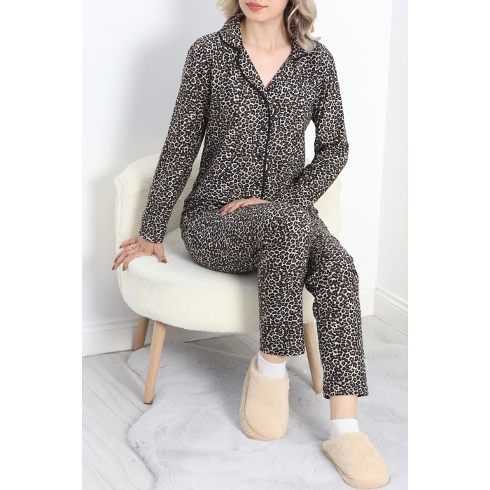 Düğmeli Süet Pijama Takımı Leopar - 6486.1902.