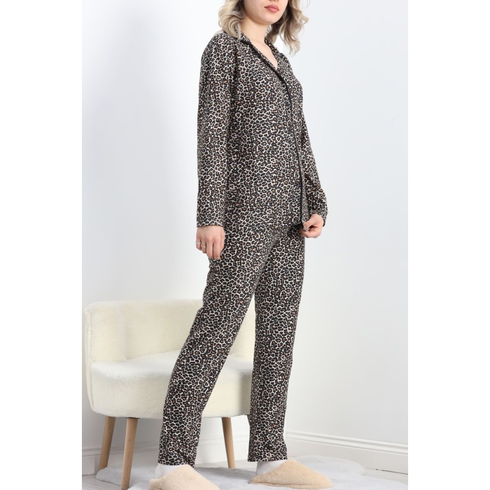 Düğmeli Süet Pijama Takımı Leopar - 6486.1902.