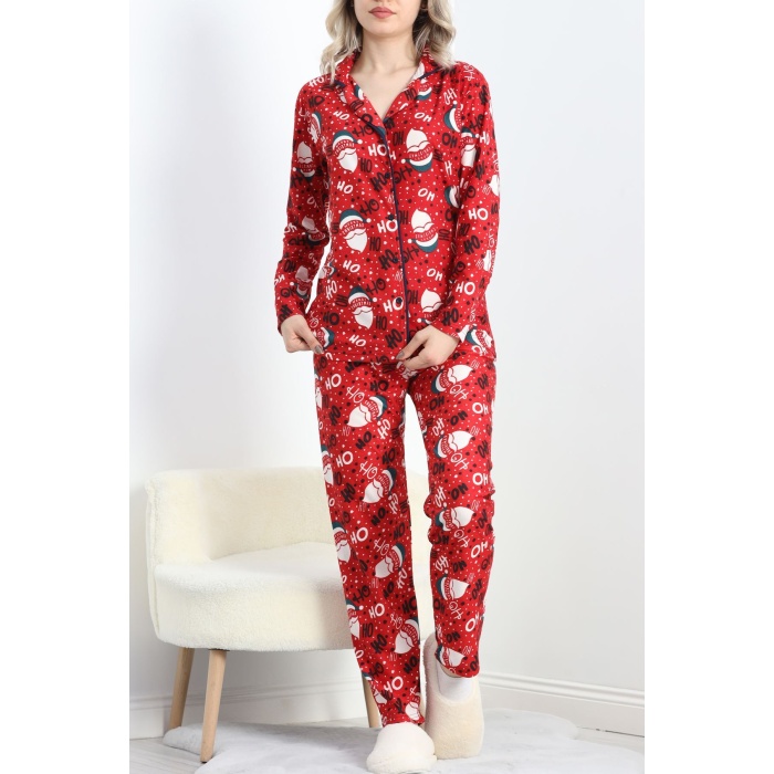 Düğmeli Süet Pijama Takımı Kırmızıbeyaz - 6486.1902.