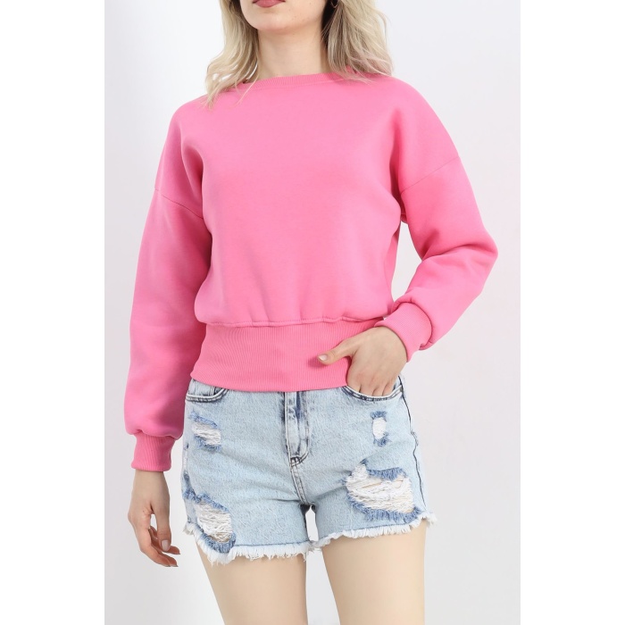 Bisiklet Yaka 3 İplik Crop Sweat Pembe - 20968.1878.