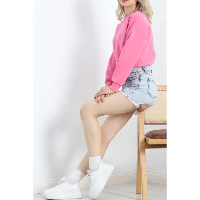 Bisiklet Yaka 3 İplik Crop Sweat Pembe - 20968.1878.