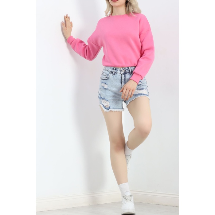 Bisiklet Yaka 3 İplik Crop Sweat Pembe - 20968.1878.