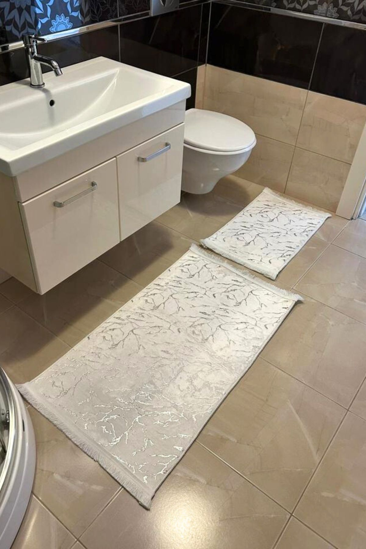 Bambu Beyaz Gümüş Deri Taban 2li Banyo Paspas Seti (60x100 - 40x60)