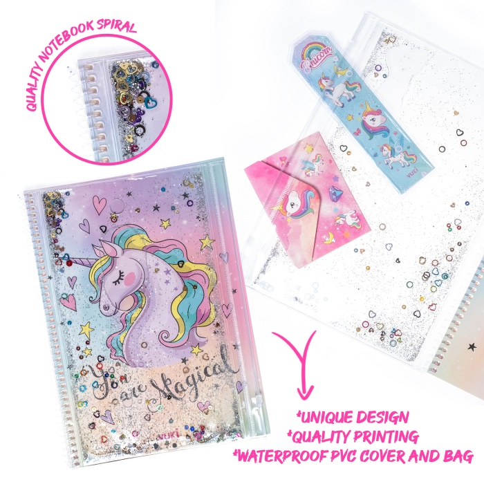 Unicorn Simli ve Sulu Kapaklı Kalem Kutulu A4 Defter