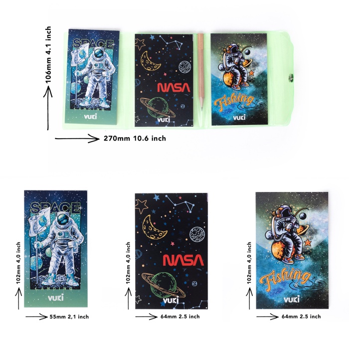 Astronot Renkli Kapaklı Mini 3 Bölmeli Kalemli Defter