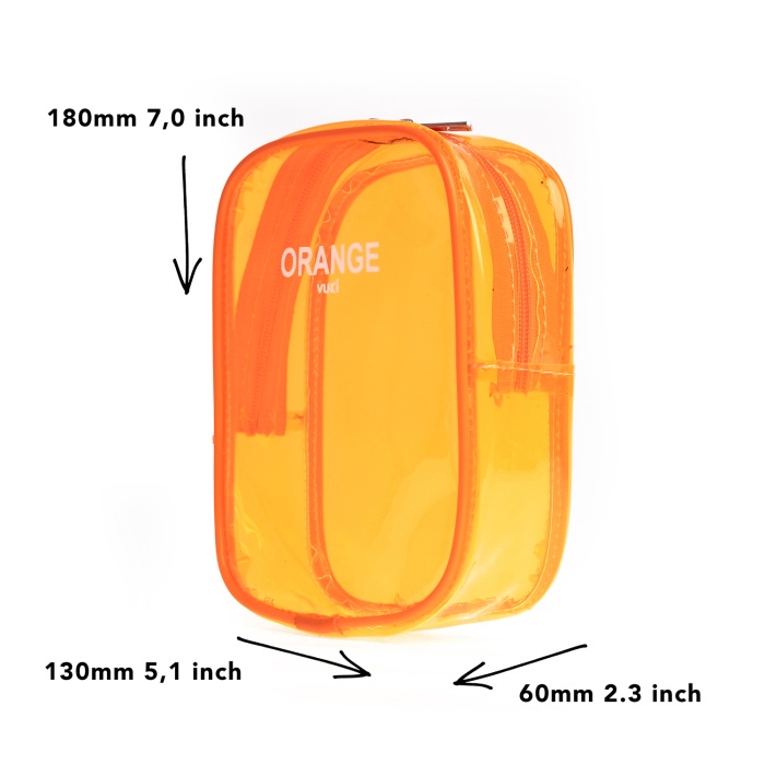 Turuncu Renkli Şeffaf Dikdörtgen Fermuarlı Kalem Kutu & Makyaj Çantası