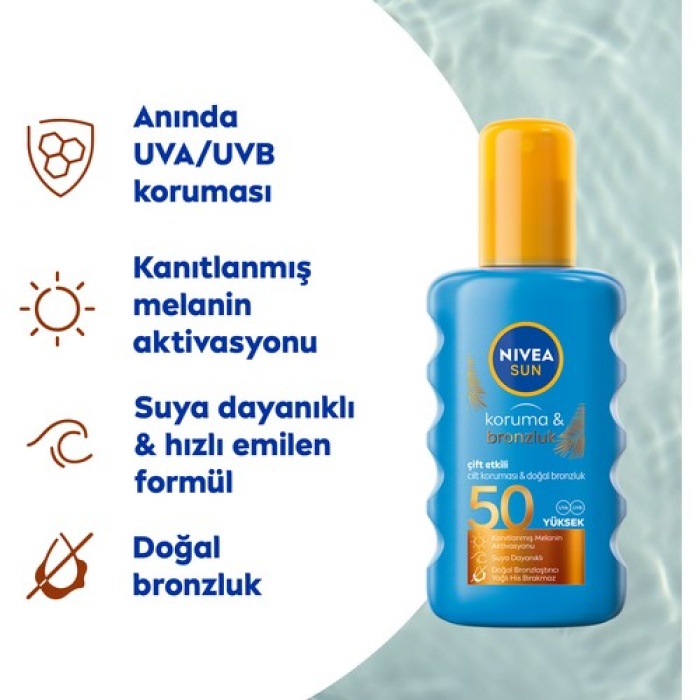 Nıvea Sun Spf50 Güneş Koruyucu & Bronzluk Güneş Kremi 200 Ml Sprey,çok Yüksek Güneş Koruması