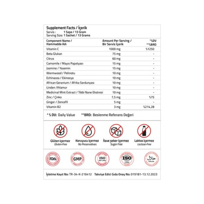 Valıdus Hot C 1000 Mg + Betaglucan 75 Mg + Cıtrus 60 Mg 13gr*12 Sachet