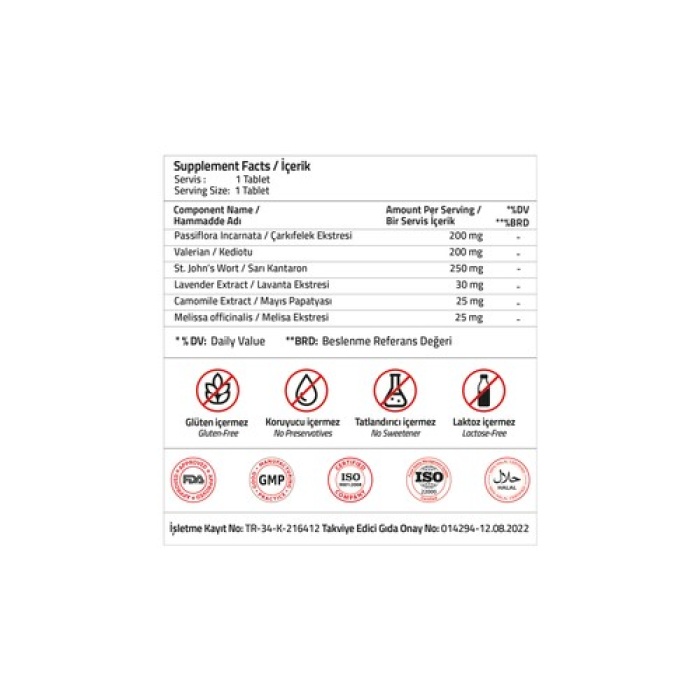 Valıdus Passıflora Valerıan + Lavander + Camomılle + St. Johns Wort + Melıssa 30 Tablets