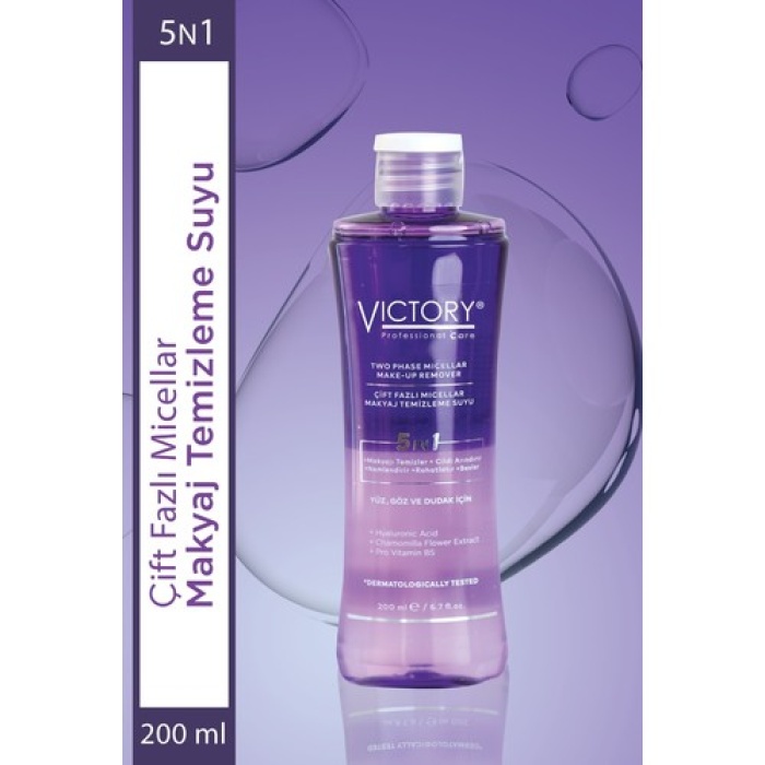 Victory 5ın1 Çift Fazlı Micellar Makyaj Silme Suyu, Tüm Ciltler 200 Ml, Etkili Makyaj Temizleme