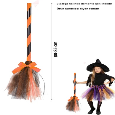 Turuncu Cadı Süpürgesi - Halloween Siyah Fiyonklu Tüllü Cadı Süpürgesi 80-85 cm